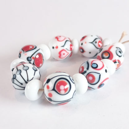White, black and red statement lampwork bead set Jolene Beads