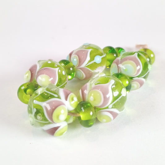 Lime and purple raked petal lampwork bead set Jolene Beads - lampwork beads & jewellery