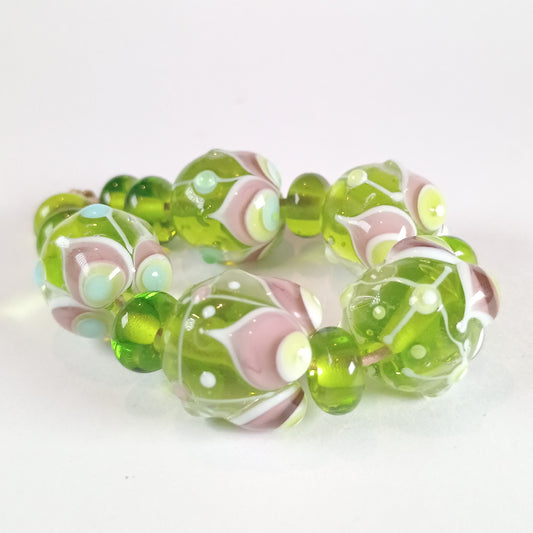 Lime and purple raked petal lampwork bead set Jolene Beads - lampwork beads & jewellery
