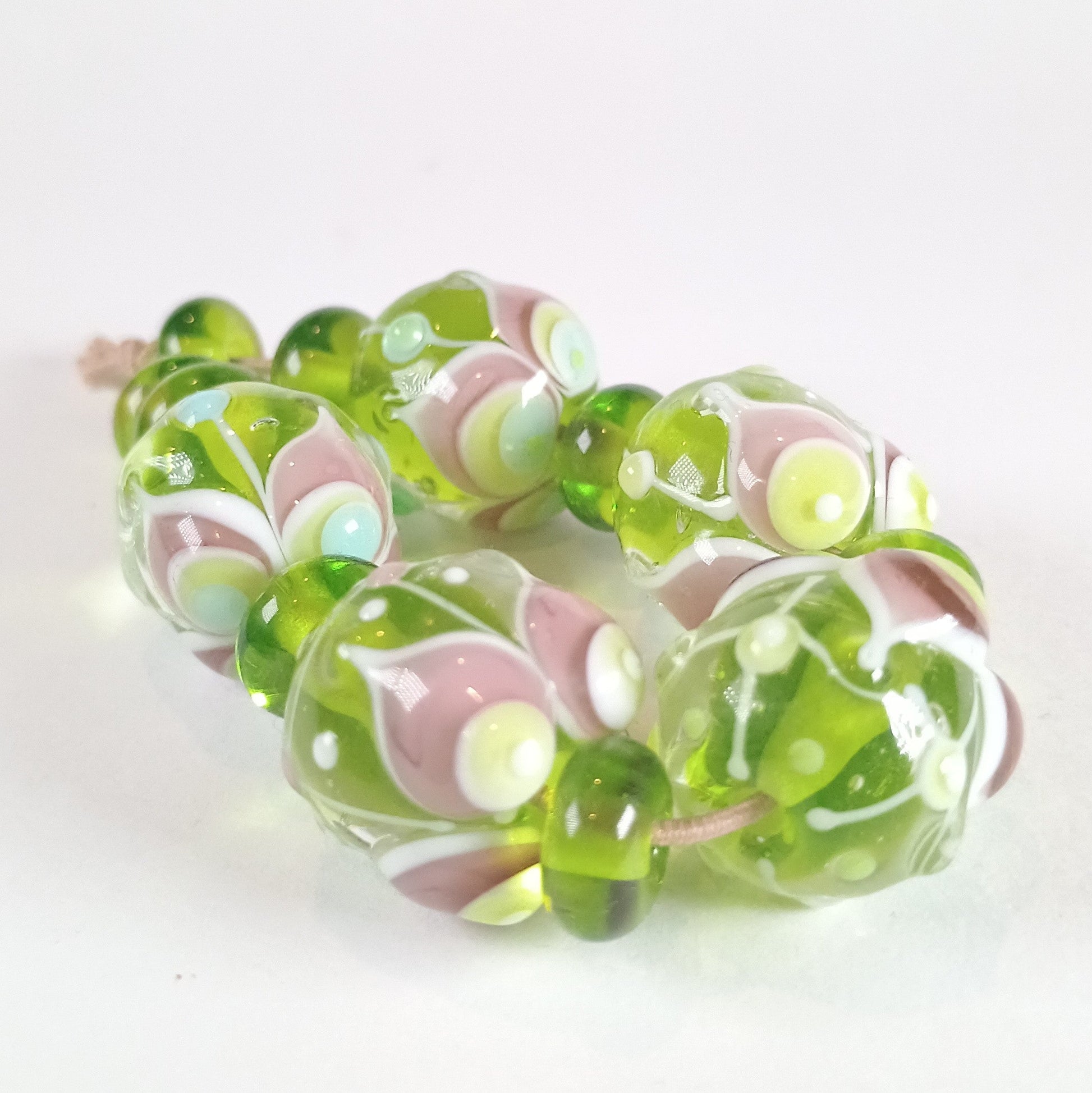 Lime and purple raked petal lampwork bead set Jolene Beads - lampwork beads & jewellery