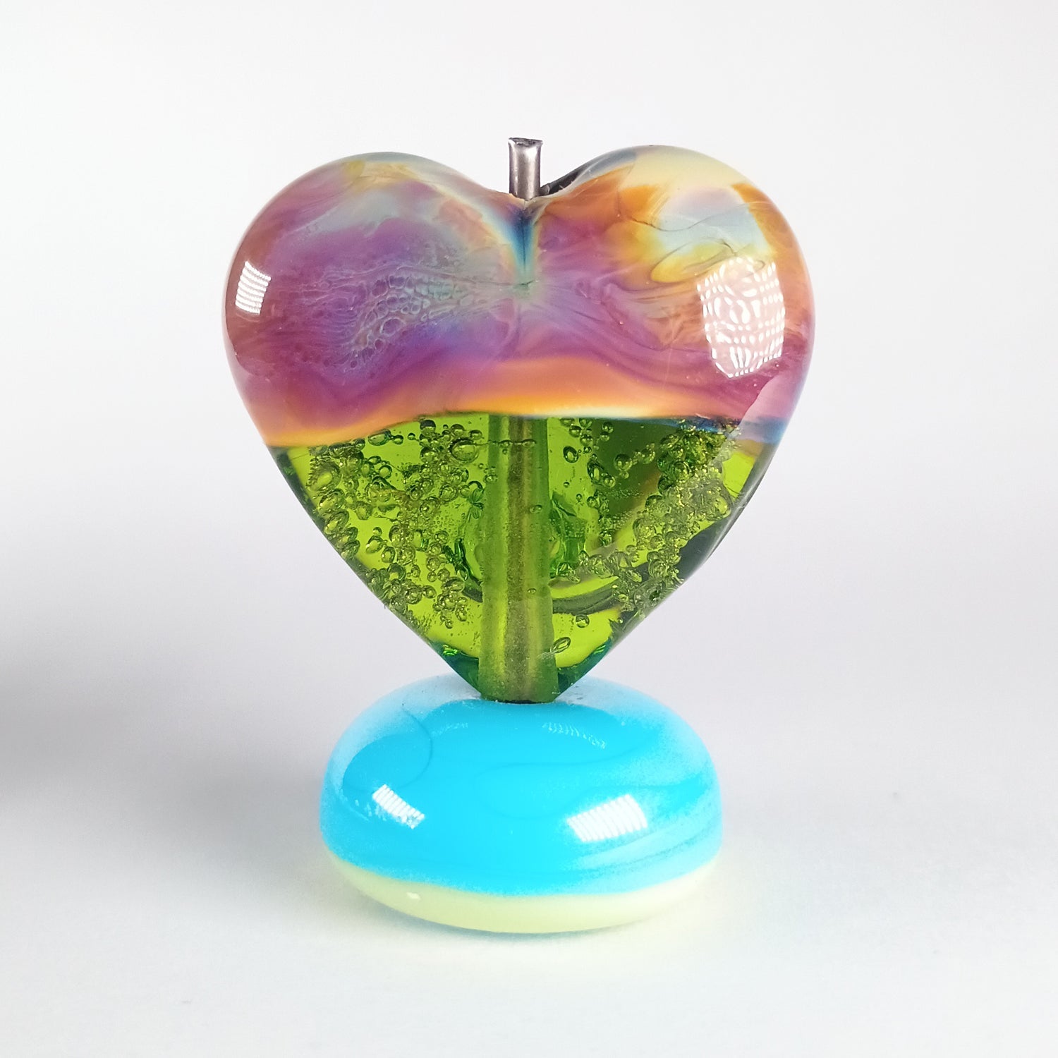 Green and raku focal lampwork heart bead Jolene Beads