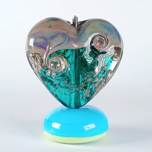 Teal and raku focal lampwork heart bead Jolene Beads