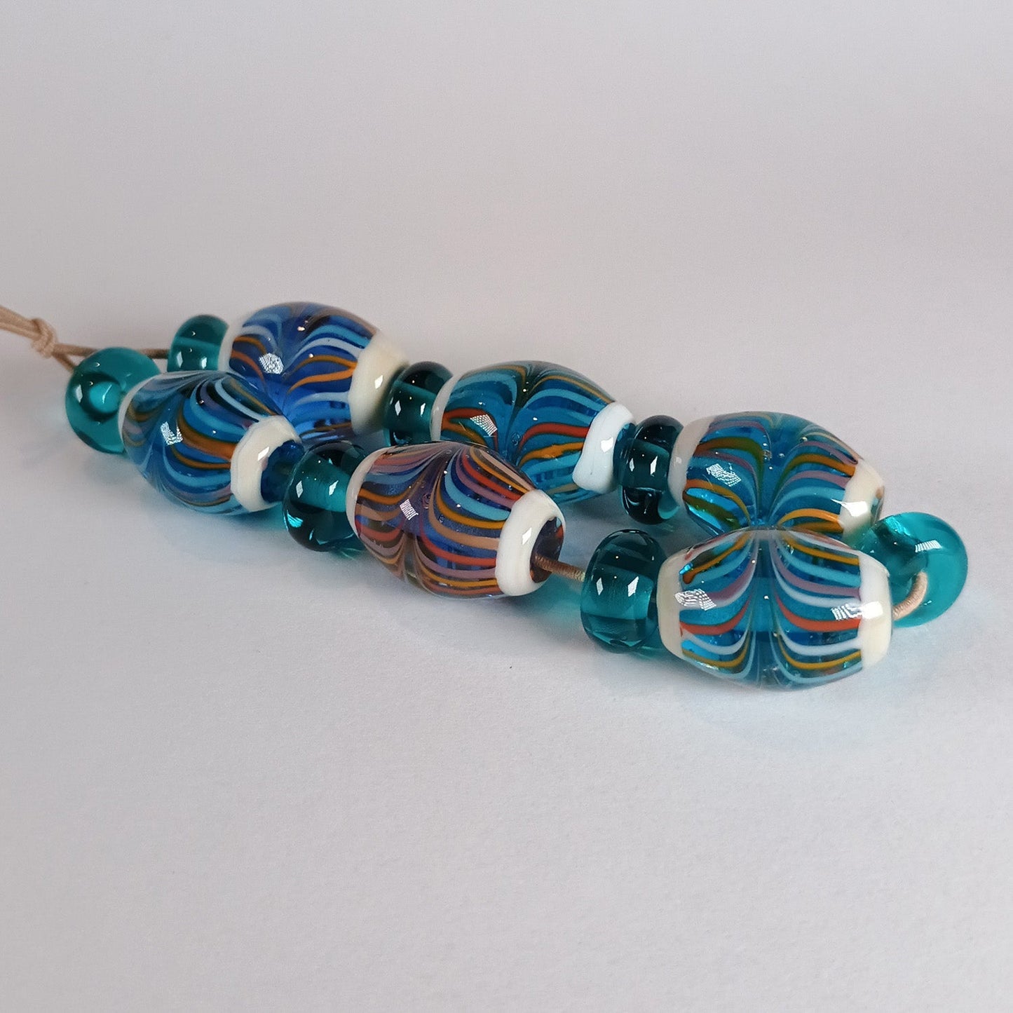 Striped aqua olive shaped lampwork bead set - Jolene Beads - lampwork beads & jewellery