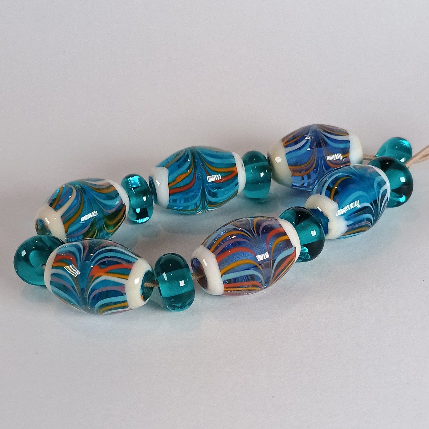Striped aqua olive shaped lampwork bead set - Jolene Beads - lampwork beads & jewellery