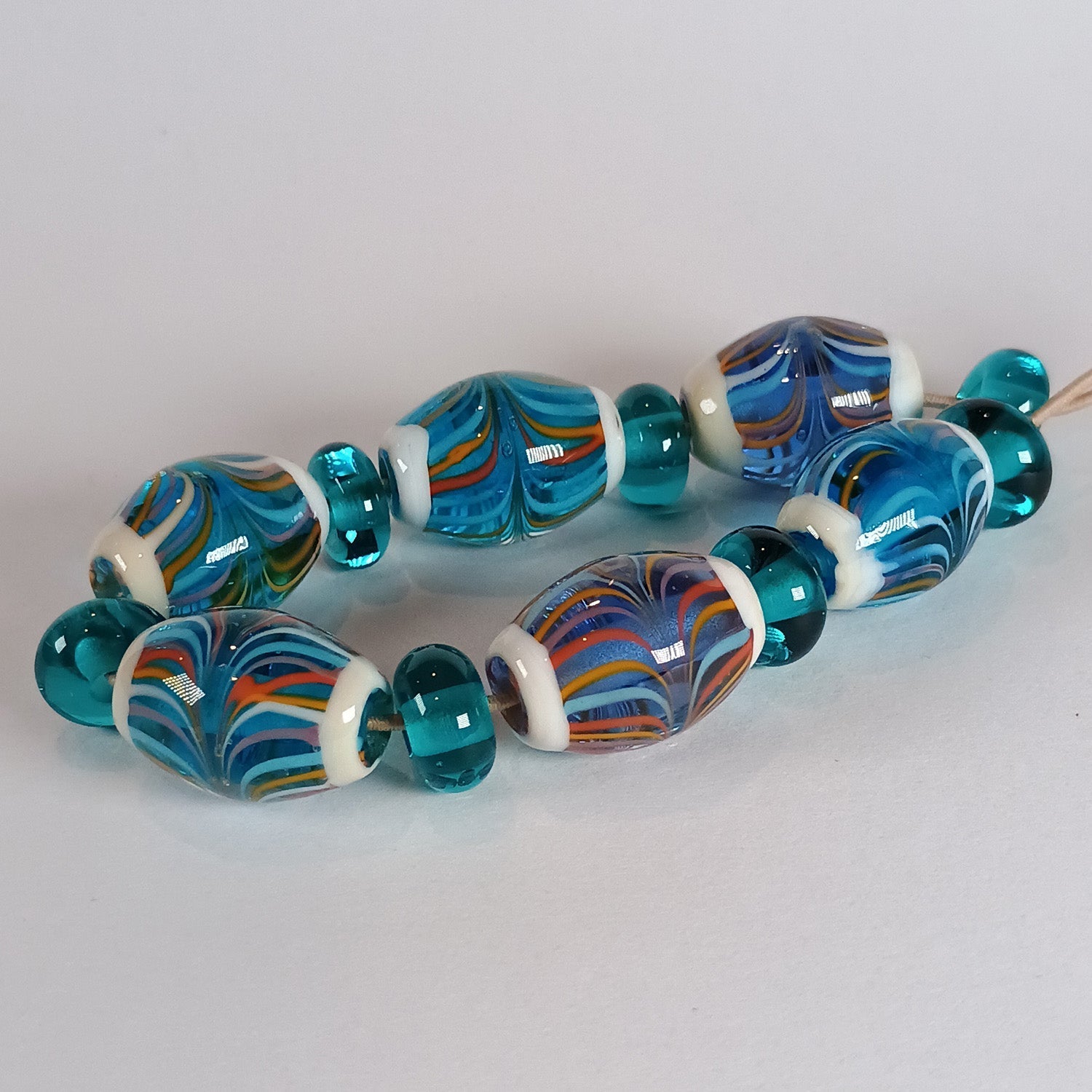Striped aqua olive shaped lampwork bead set - Jolene Beads - lampwork beads & jewellery