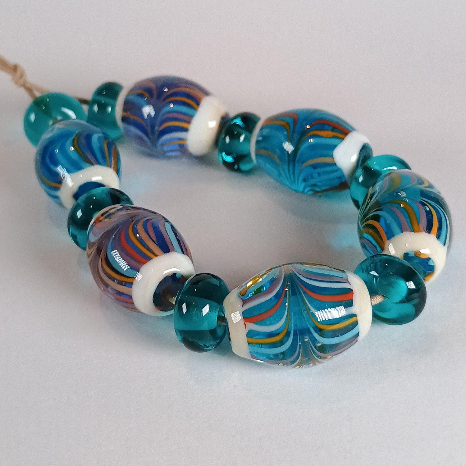 Striped aqua olive shaped lampwork bead set - Jolene Beads - lampwork beads & jewellery