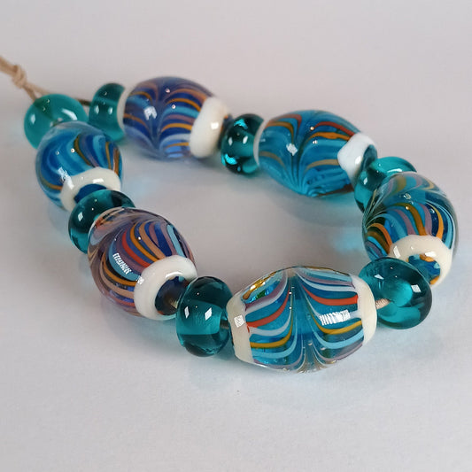 Striped aqua olive shaped lampwork bead set - Jolene Beads - lampwork beads & jewellery