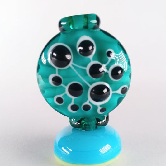 Teal lentil with wide collars and black dots - Jolene Beads - lampwork beads & jewellery