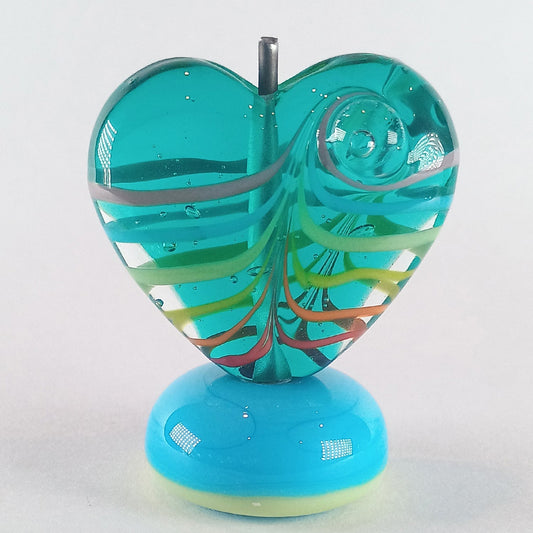 Teal rainbow heart raked focal lampwork bead - Jolene Beads - lampwork beads & jewellery
