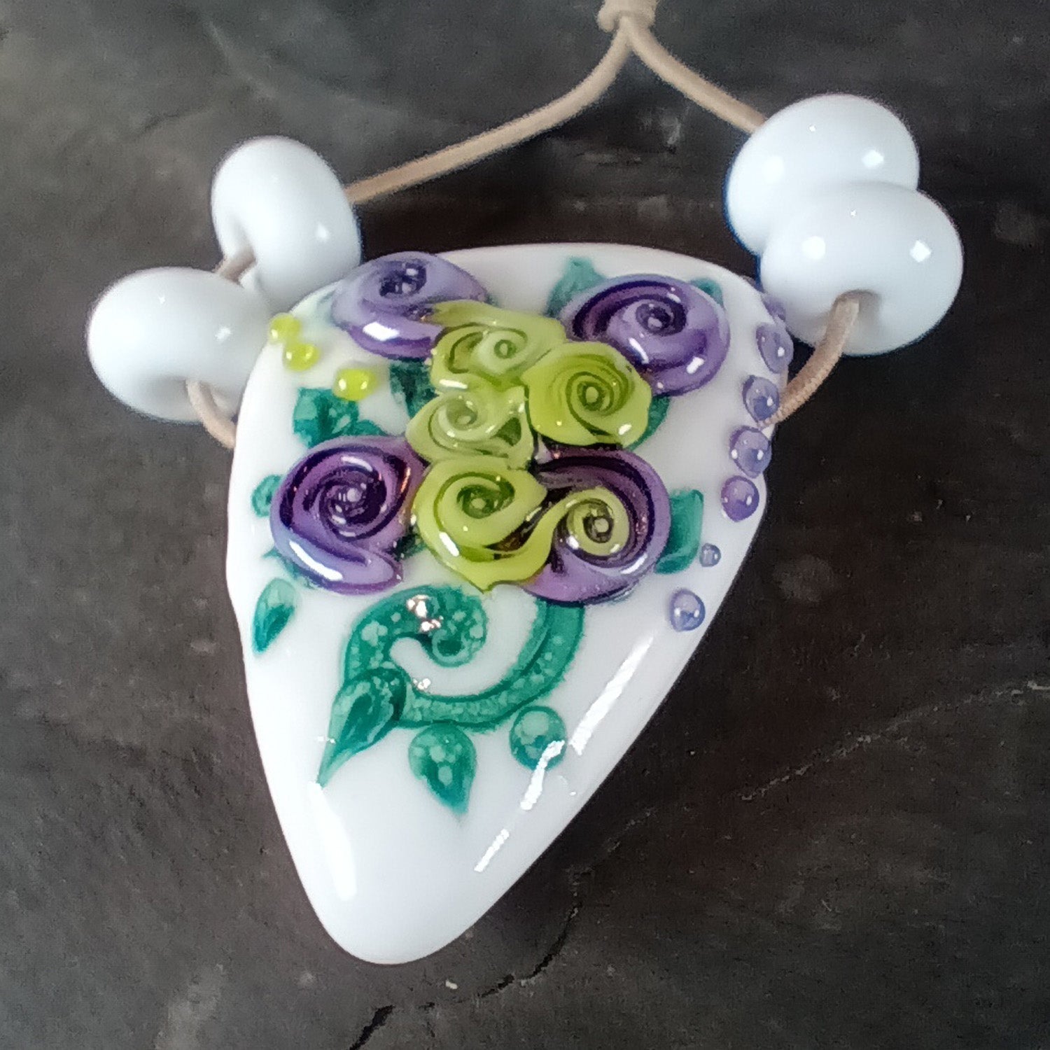 White tea rose triangle lampwork focal bead - Jolene Beads - lampwork beads & jewellery
