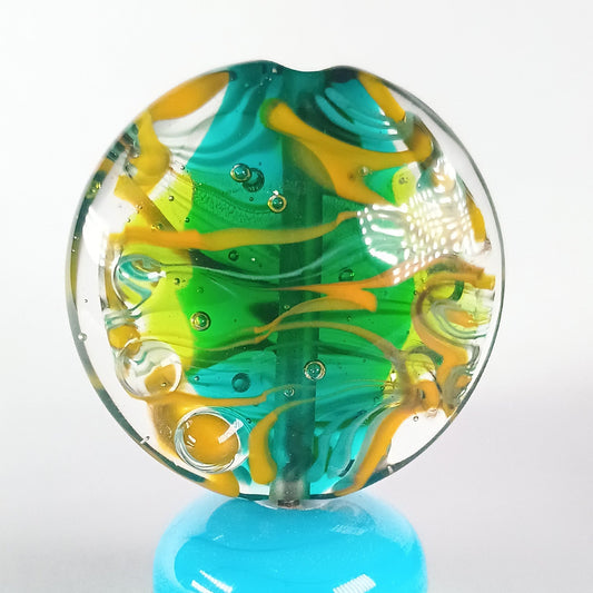 XL encased teal and lime green abstract lentil lampwork bead - Jolene Beads - lampwork beads & jewellery