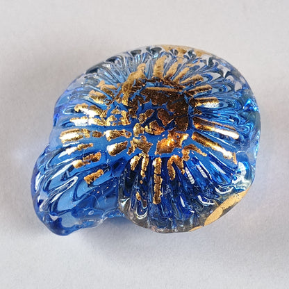 Transparent blue and gold ammonite lampwork bead Jolene Beads