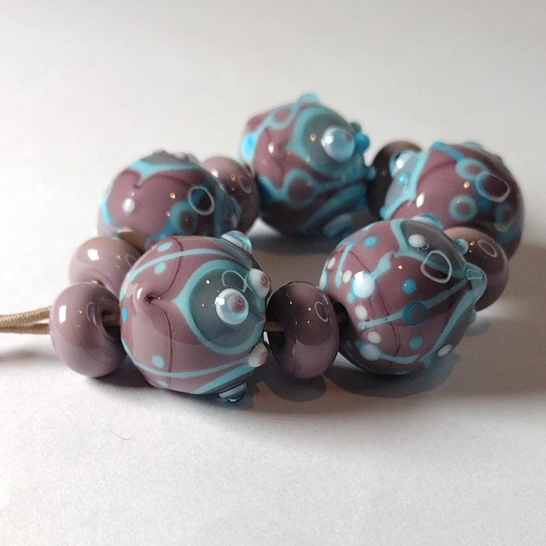 Purple and turquoise lampwork bead set) (Copy) Jolene Beads