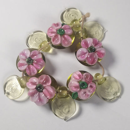 Pink flower lentil bead set Jolene Beads